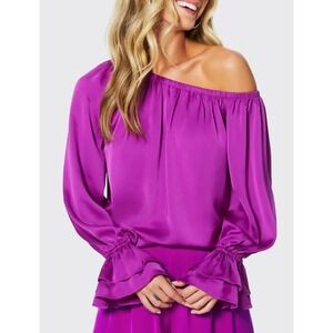 Ramy Brook Murphy Off-the-Shoulder Ruffle-Sleeve Top Purple Women's Size S EUC
